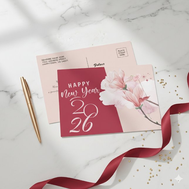 Postal Festiva Con Relieve Metalizado Happy New Year 2026 Elegant Floral Foil Postcard (Subido por el creador)
