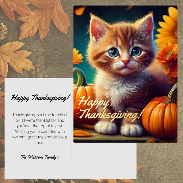Postal Festiva Con Relieve Metalizado Harvest Kitten Naranja Cat Calabaza de Acción de G (Real Foil Happy Thanksgiving postcard Ginger Kitten Good Fortune Pumpkin Harvest greeting card)