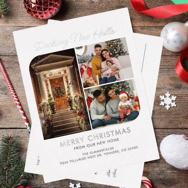Postal Festiva Con Relieve Metalizado Hemos movido a Navidades moviendo el cambio de dir (Decking New Halls Christmas Family Photo Collage Holiday Moving Announcement)