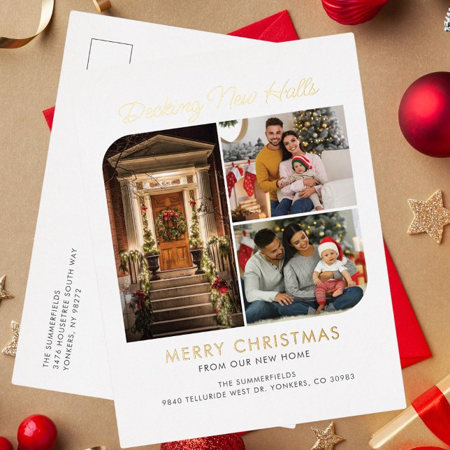 Postal Festiva Con Relieve Metalizado Hemos mudado Navidades vacaciones familiares mudán (Christmas Holidays Family Photo Collage Moving Announcement Greetings Postcard)