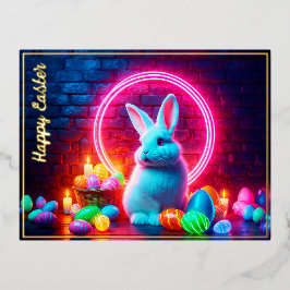 Postal Festiva Con Relieve Metalizado Hermosa conejita de pascua con neón pagano elegant