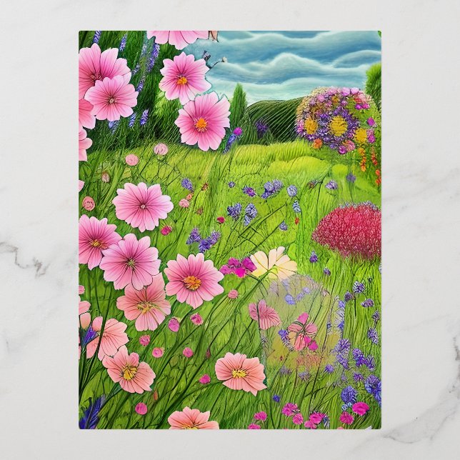 Postal Festiva Con Relieve Metalizado Hermosas flores de jardín de campo Ilustracion Dol (Anverso)