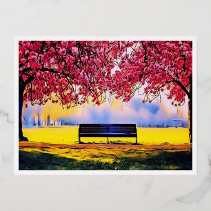 Postal Festiva Con Relieve Metalizado Hermoso paisaje con cerezos y un banco