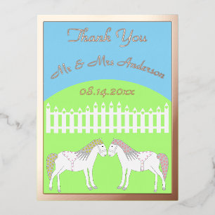 Postal Festiva Con Relieve Metalizado Hermoso Personalizado de caballos Boda blanco