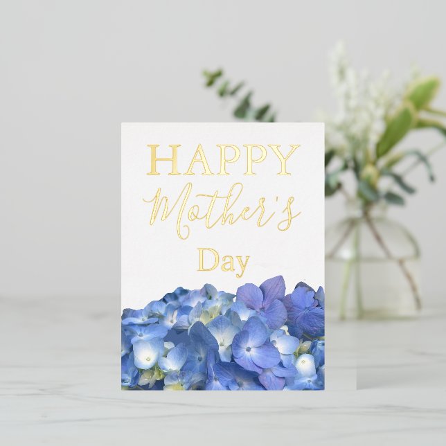 Postal Festiva Con Relieve Metalizado Hidrángulos azules florecen el día de la madre (Anverso de pie)
