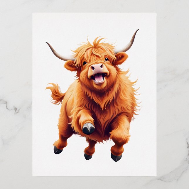 Postal Festiva Con Relieve Metalizado Highland Cow Happy Playful Fun Saltando Al Aire (Anverso)