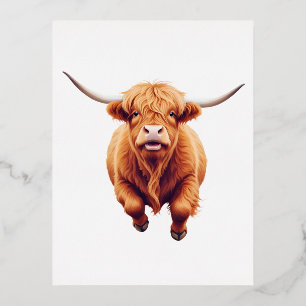 Postal Festiva Con Relieve Metalizado Highland Cow Happy Playful Fun Saltando Al Aire