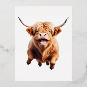 Postal Festiva Con Relieve Metalizado Highland Cow Happy Playful Fun Saltando Al Aire