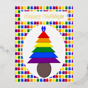 Postal Festiva Con Relieve Metalizado Hombres gay arcoiris árbol de Navidad y presenta P