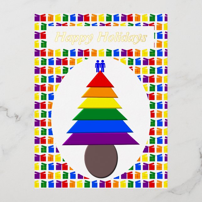 Postal Festiva Con Relieve Metalizado Hombres gay arcoiris árbol de Navidad y presenta P (Anverso)