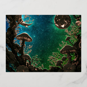 Postal Festiva Con Relieve Metalizado Hongos y Lunas Azul Teal Fairycore