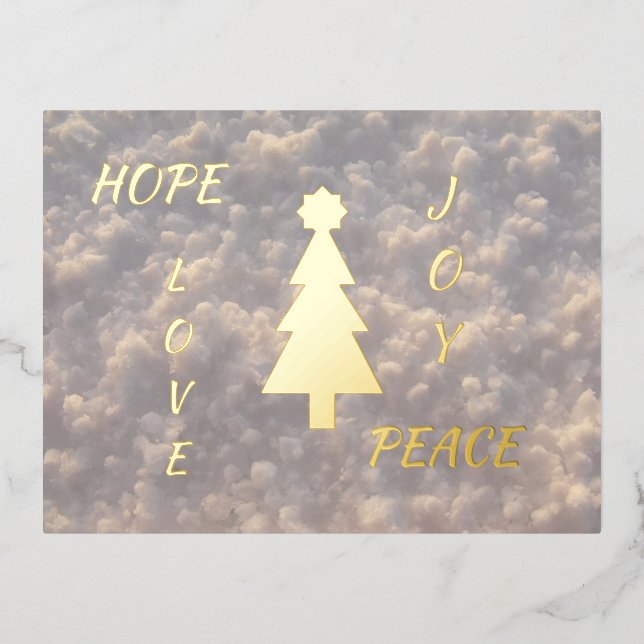 Postal Festiva Con Relieve Metalizado Hope Love Joy Peace Árbol