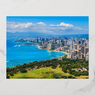 Postal Festiva Con Relieve Metalizado Horizonte de Honolulu, Hawái.