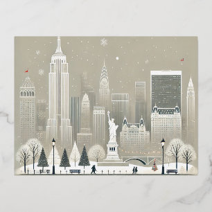 Postal Festiva Con Relieve Metalizado Icónica Estatua de la Libertad y festividad en Sky