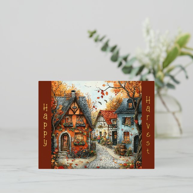 Postal Festiva Con Relieve Metalizado Ilustracion de Aldea Otoño Naranja Europea (Anverso de pie)