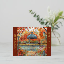 Postal Festiva Con Relieve Metalizado Ilustracion de otoño de Vintage Gazebo