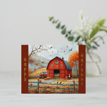 Ilustracion de otoño del antiguo granero rojo