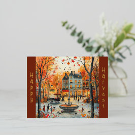 Postal Festiva Con Relieve Metalizado Ilustracion de otoño del parque de la fuente Vinta