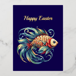 Postal Festiva Con Relieve Metalizado Ilustracion de pescado de Pascua