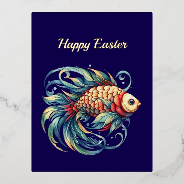 Postal Festiva Con Relieve Metalizado Ilustracion de pescado de Pascua (Anverso)
