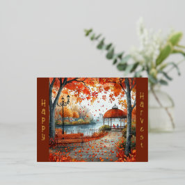 Postal Festiva Con Relieve Metalizado Ilustracion del parque Naranja Gazebo de otoño
