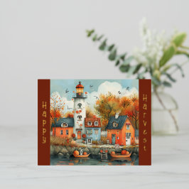 Postal Festiva Con Relieve Metalizado Ilustracion del puerto del faro del Naranja Vintag