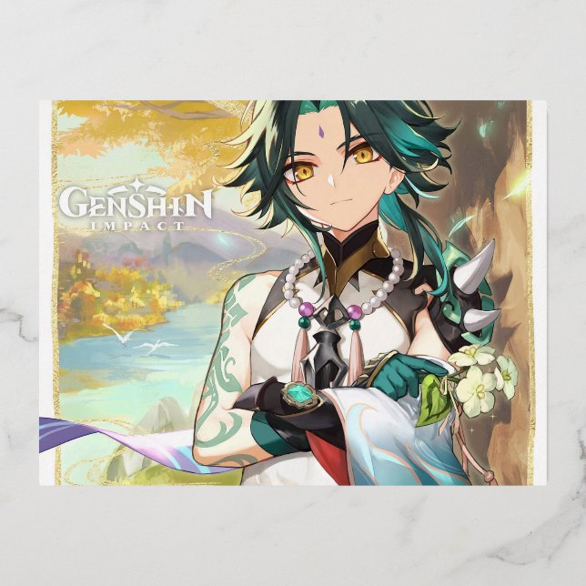 POSTAL FESTIVA CON RELIEVE METALIZADO IMPACTO DE XIAO GENSHIN (Anverso)