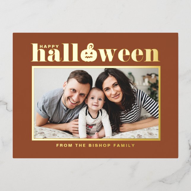 Postal Festiva Con Relieve Metalizado Jack-o'-lantern Terracotta Foto Halloween (Anverso)