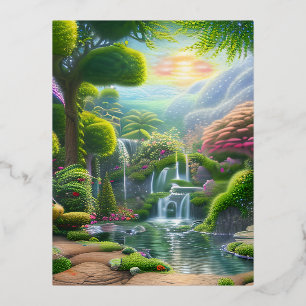 Postal Festiva Con Relieve Metalizado Jardín del Edén