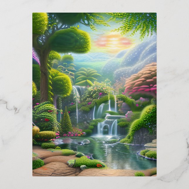 Postal Festiva Con Relieve Metalizado Jardín del Edén (Anverso)