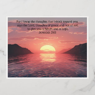 Postal Festiva Con Relieve Metalizado Jeremías 29:11 Biblia Verse Sunrise Nature Seascap