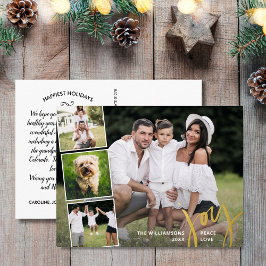 Postal Festiva Con Relieve Metalizado Joy Peace Love Calligraphy Collage de fotos Gold
