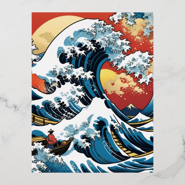 Postal Festiva Con Relieve Metalizado Kanagawa Japonés La gran ola (Anverso)