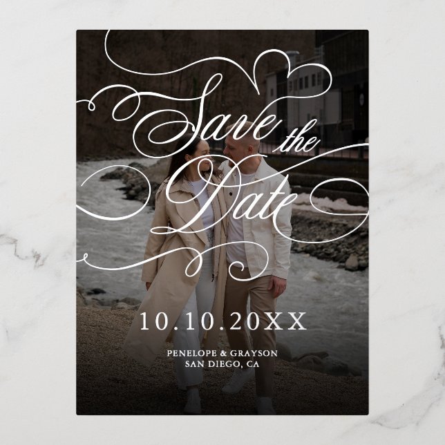 Postal Festiva Con Relieve Metalizado La caligrafía moderna y atemporal Silver Save the  (Anverso)