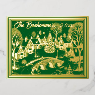Postal Festiva Con Relieve Metalizado La escena de los navidades en oro con el verde