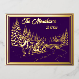 Postal Festiva Con Relieve Metalizado La escena de un pueblo navidad en oro con morado