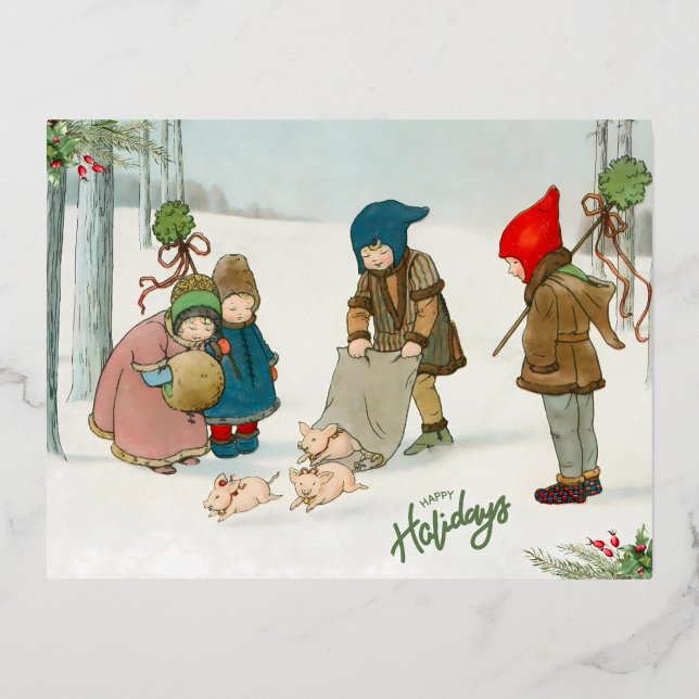 Postal Festiva Con Relieve Metalizado La felicidad del invierno, Vintage  (Anverso)