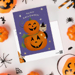 Postal Festiva Con Relieve Metalizado La feliz Halloween de Jack O Lantern<br><div class="desc">Un saludo de halloween para los niños con gato brujo y estrellas de Relieve metalizado de oro</div>