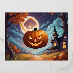 Postal Festiva Con Relieve Metalizado La magia de Halloween bajo la luna