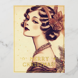 Postal Festiva Con Relieve Metalizado Las Navidades de las mujeres de la época saludos t