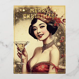 Postal Festiva Con Relieve Metalizado Las Navidades de las mujeres de la época saludos t