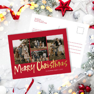 Postal Festiva Con Relieve Metalizado Lechado rojo moderno cinco fotos Feliz Navidad