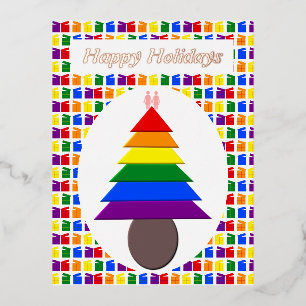 Postal Festiva Con Relieve Metalizado Lesbianas arcoiris Árbol y regalo de Navidad