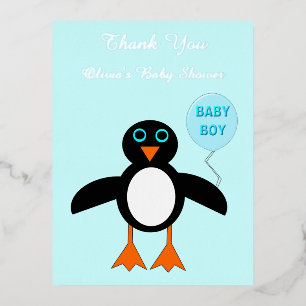 Postal Festiva Con Relieve Metalizado Lindo pingüino niño azul bebé personalizado para b
