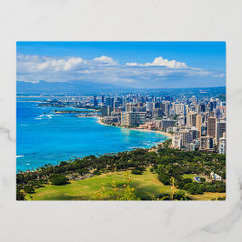 Postal Festiva Con Relieve Metalizado Línea aérea de Honolulu, Hawaii.