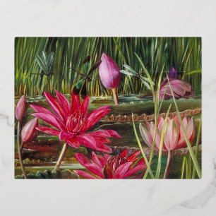 Postal Festiva Con Relieve Metalizado Lirio de agua rojo de la India- Marianne North