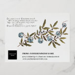 Postal Festiva Con Relieve Metalizado Logo corporativo de Vintage Christmas Blueberries<br><div class="desc">La tarjeta postal de Navidad Vintage Blueberries Relieve metalizado de logotipo corporativo incluye Navidades de tarjetas de presentación de panes y arándanos (1865-1899) de L. Prang & Co. Origin.Un diseño perfecto de saludos de vacaciones para clientes de negocios.El reverso de la tarjeta se deja en blanco para un mensaje escrito...</div>