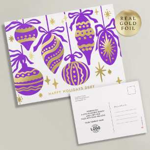 Postal Festiva Con Relieve Metalizado Logo Elegante Decoración Púrpura Blanco Negocios D