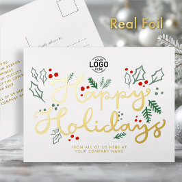 Postal Festiva Con Relieve Metalizado Logotipo Oferta Dorada Feliz Vacaciones Blanco