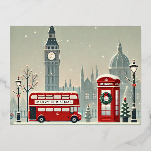 Postal Festiva Con Relieve Metalizado Londres Navidad Big Ben y Londres Festivo